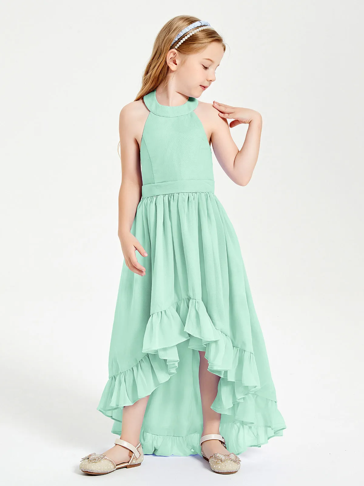 Boho Junior Bridesmaid Dresses Asymmetrical Cascading Skirt Mint Green