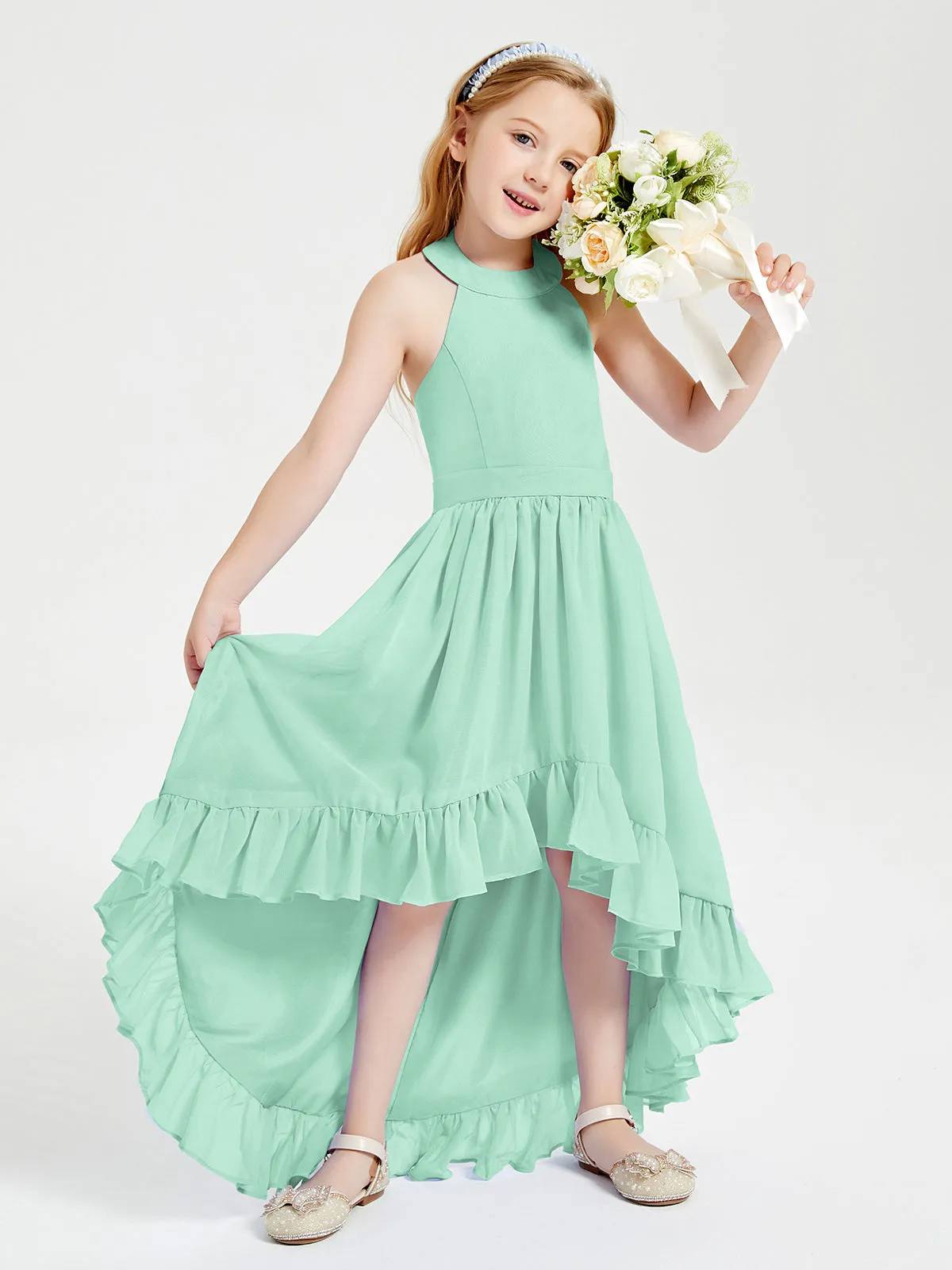 Boho Junior Bridesmaid Dresses Asymmetrical Cascading Skirt Mint Green