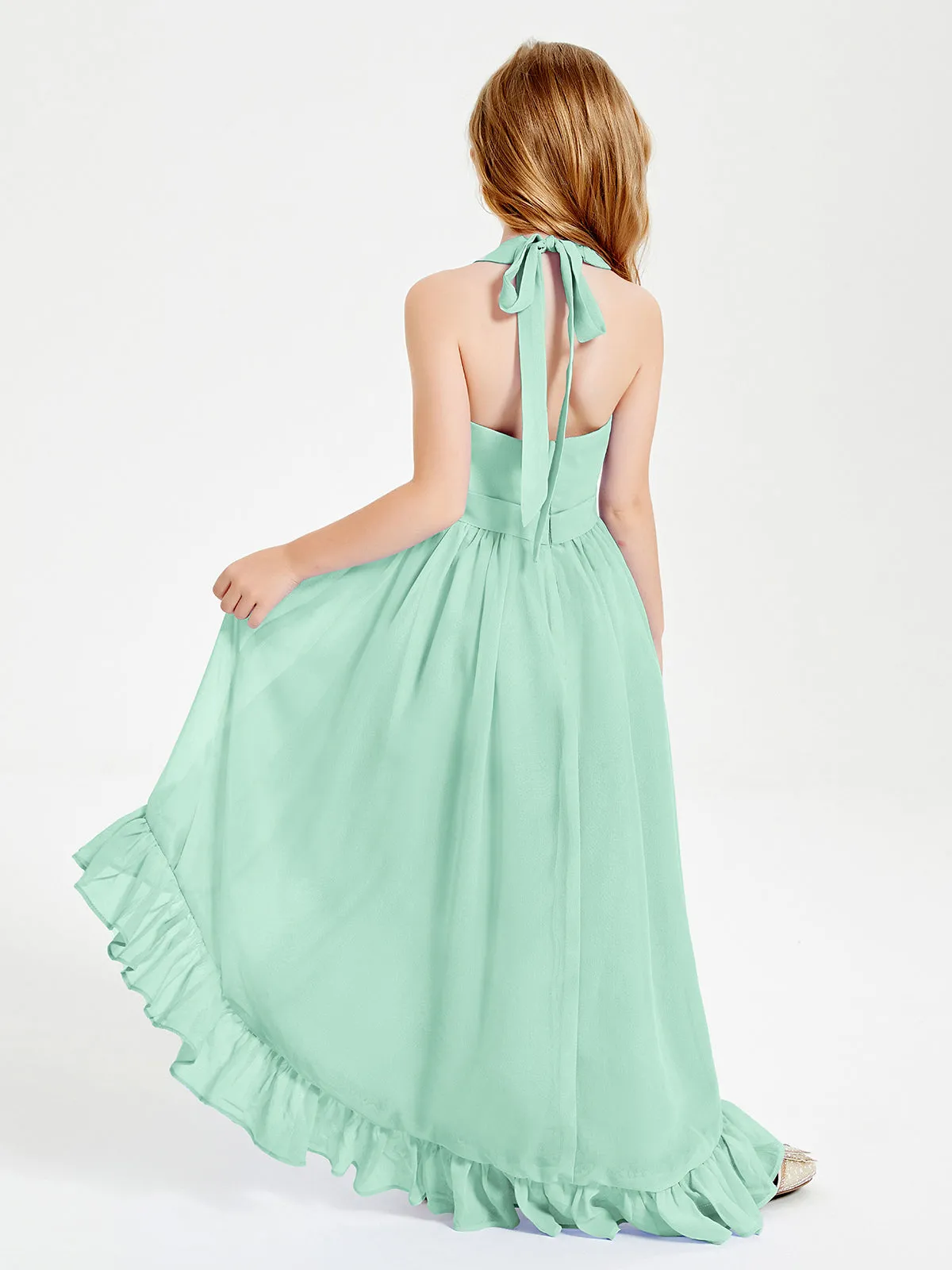 Boho Junior Bridesmaid Dresses Asymmetrical Cascading Skirt Mint Green