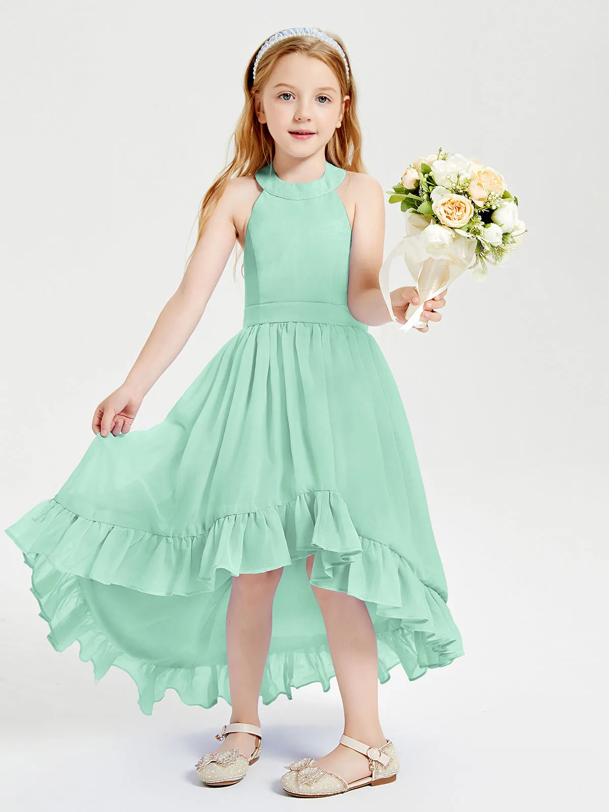 Boho Junior Bridesmaid Dresses Asymmetrical Cascading Skirt Mint Green