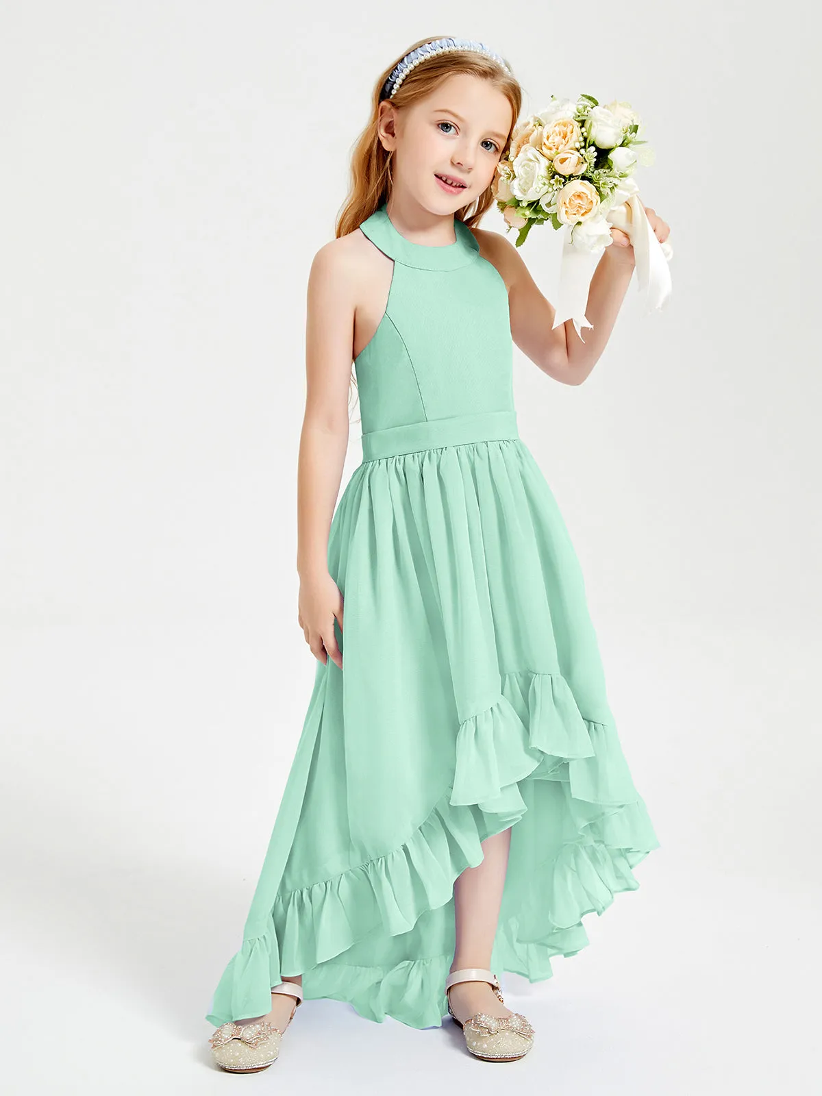 Boho Junior Bridesmaid Dresses Asymmetrical Cascading Skirt Mint Green