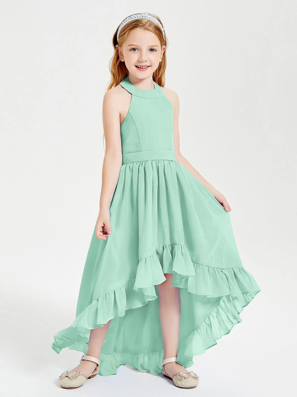 Boho Junior Bridesmaid Dresses Asymmetrical Cascading Skirt Mint Green