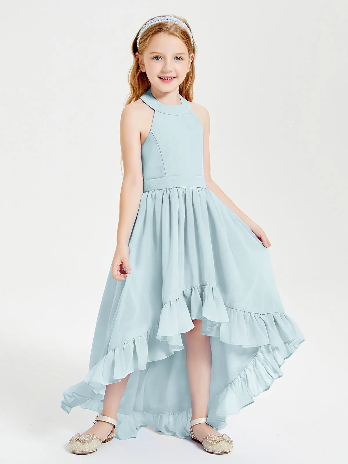 Boho Junior Bridesmaid Dresses Asymmetrical Cascading Skirt Mist