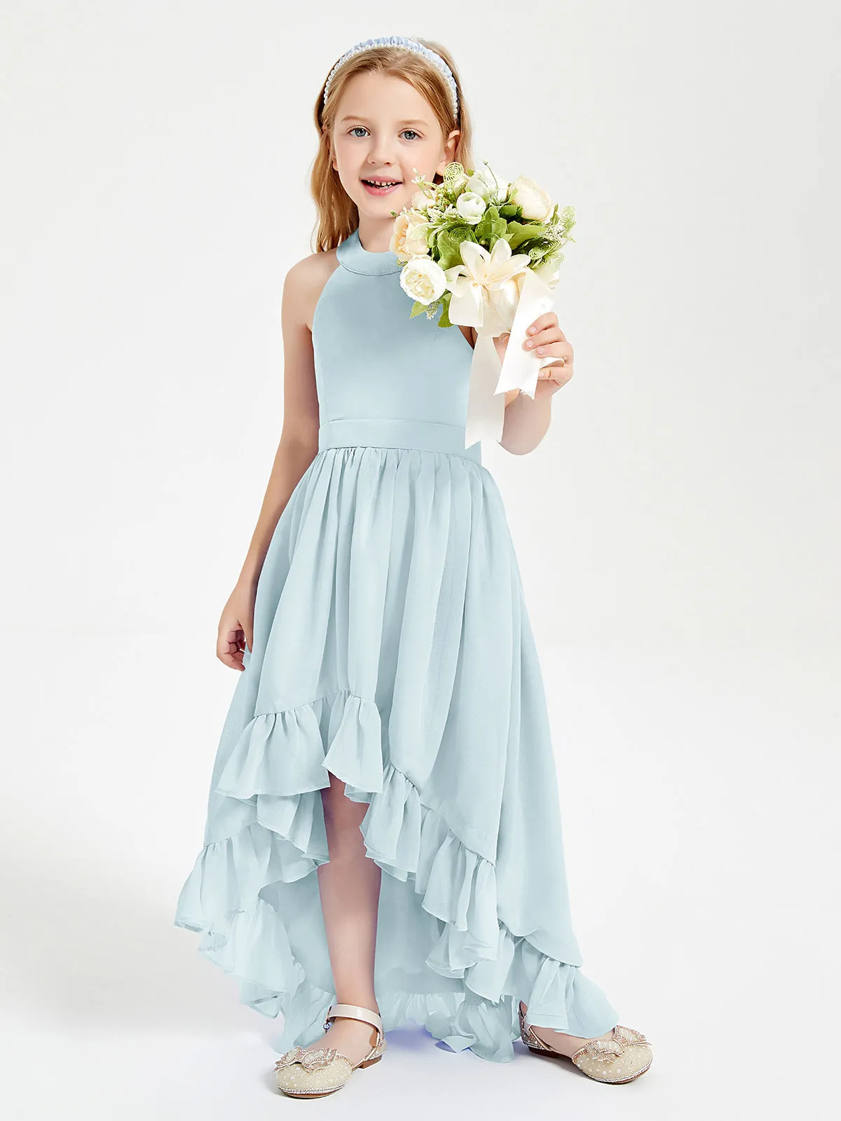 Boho Junior Bridesmaid Dresses Asymmetrical Cascading Skirt Mist