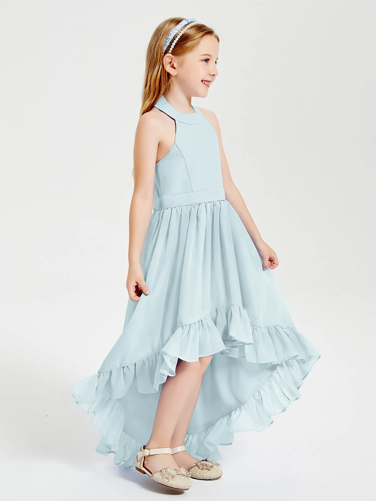 Boho Junior Bridesmaid Dresses Asymmetrical Cascading Skirt Mist