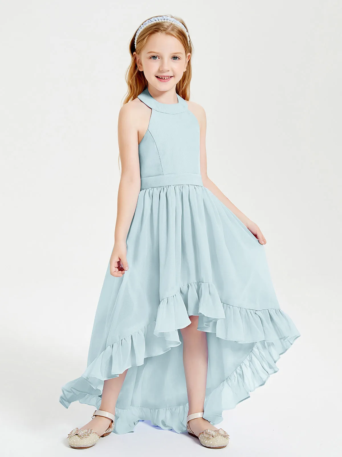 Boho Junior Bridesmaid Dresses Asymmetrical Cascading Skirt Mist