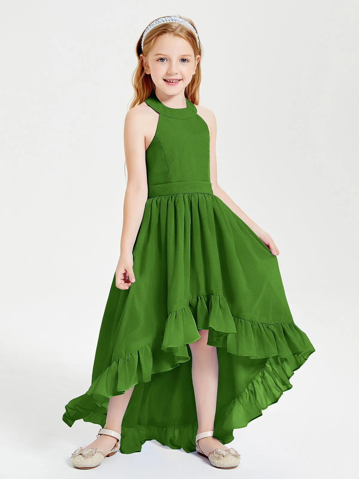 Boho Junior Bridesmaid Dresses Asymmetrical Cascading Skirt Moss