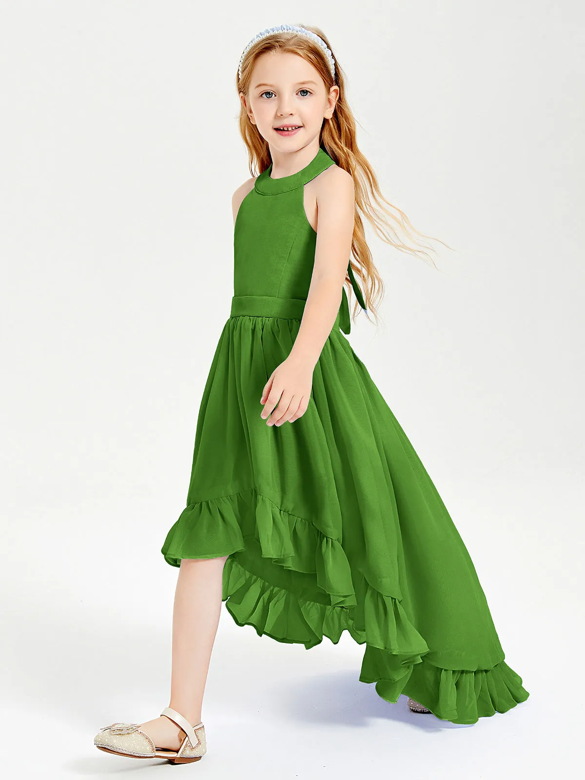 Boho Junior Bridesmaid Dresses Asymmetrical Cascading Skirt Moss