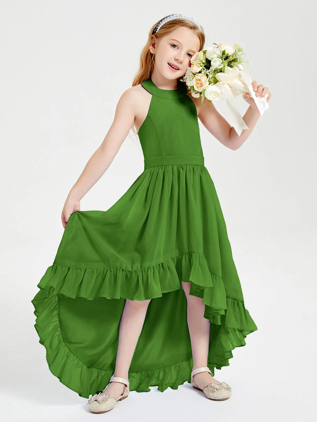 Boho Junior Bridesmaid Dresses Asymmetrical Cascading Skirt Moss