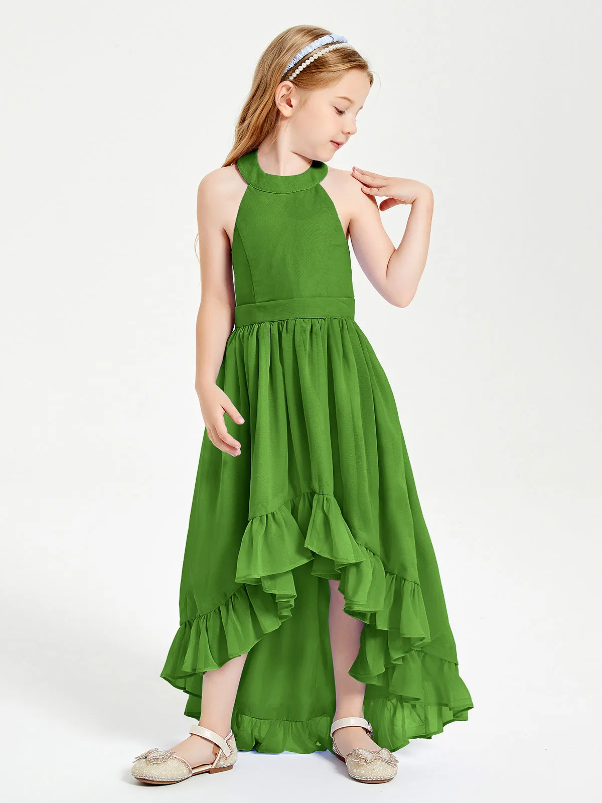 Boho Junior Bridesmaid Dresses Asymmetrical Cascading Skirt Moss