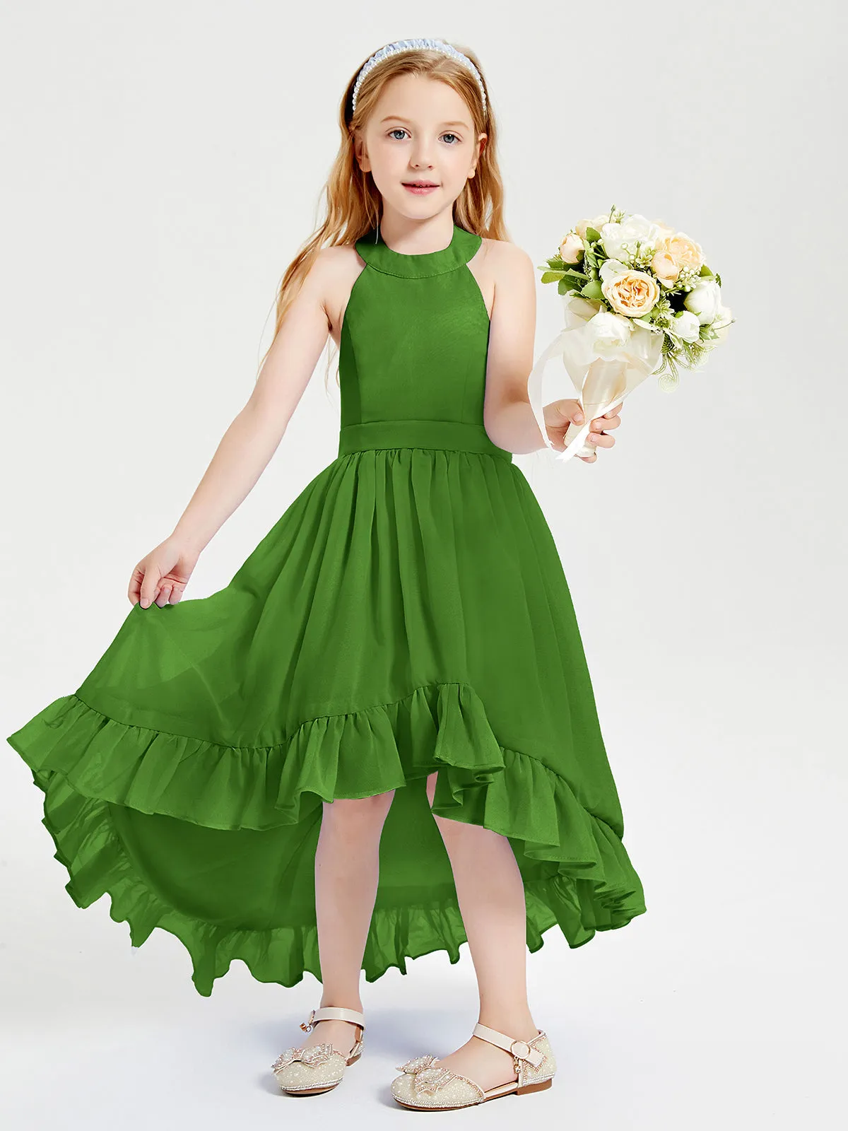 Boho Junior Bridesmaid Dresses Asymmetrical Cascading Skirt Moss