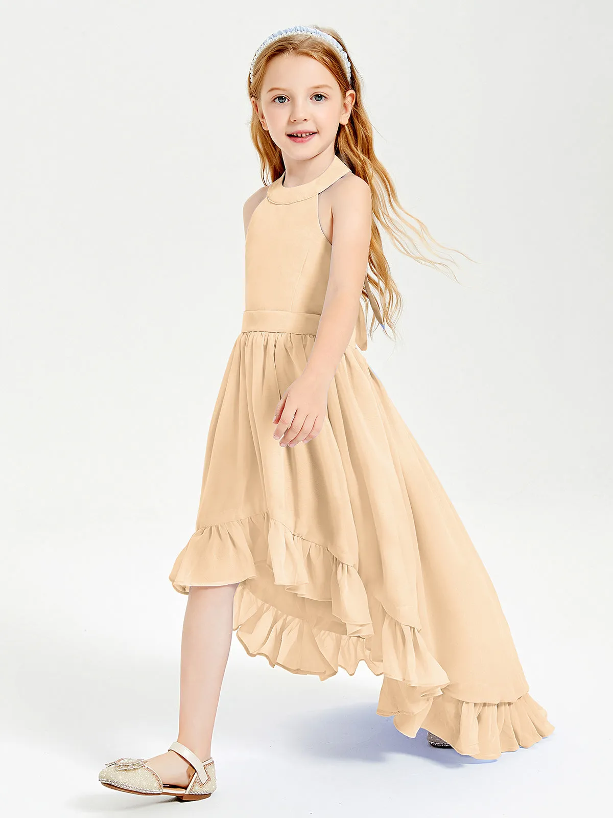 Boho Junior Bridesmaid Dresses Asymmetrical Cascading Skirt Peach