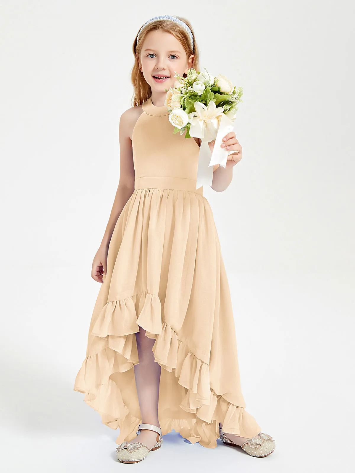 Boho Junior Bridesmaid Dresses Asymmetrical Cascading Skirt Peach