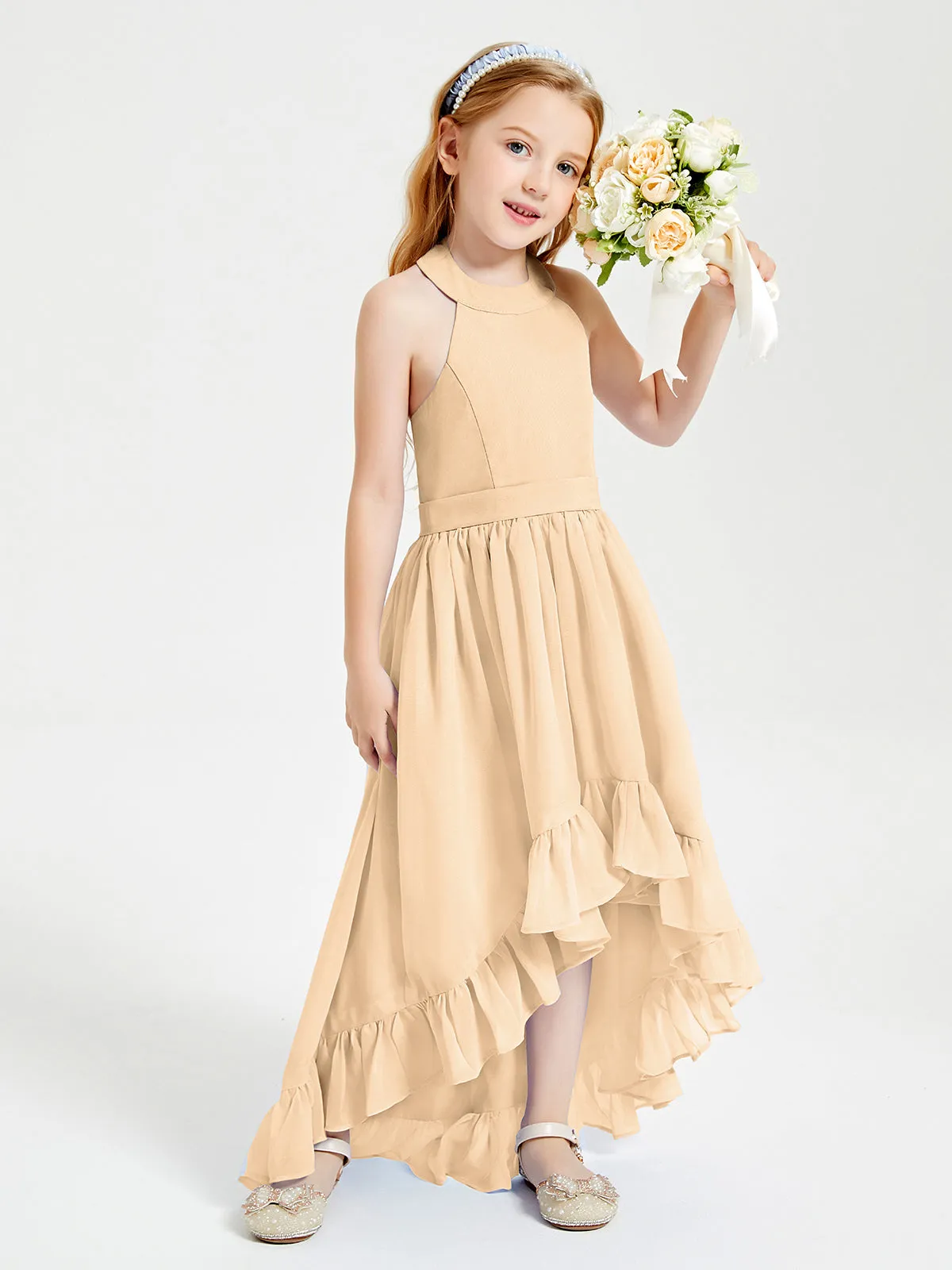 Boho Junior Bridesmaid Dresses Asymmetrical Cascading Skirt Peach