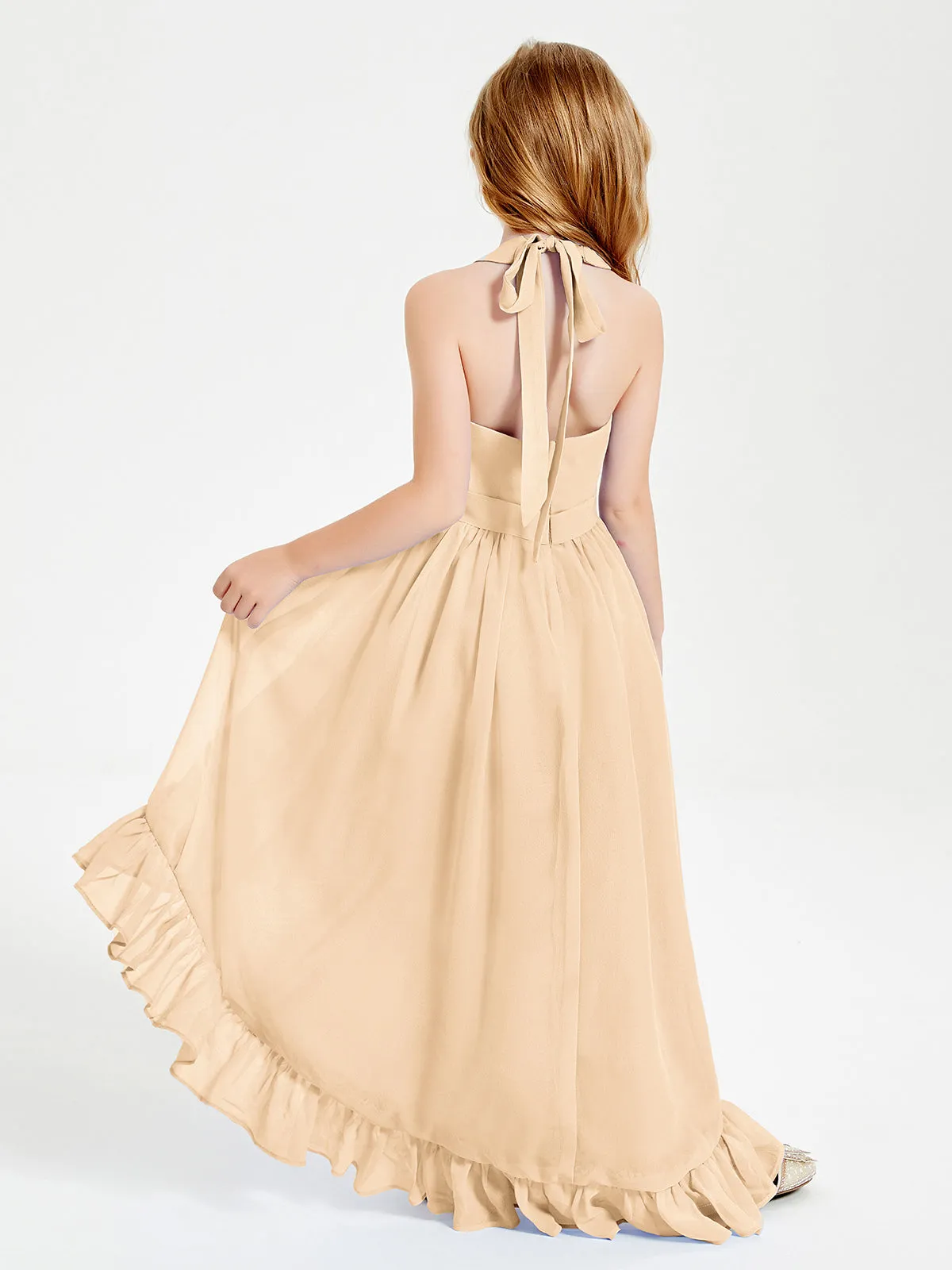 Boho Junior Bridesmaid Dresses Asymmetrical Cascading Skirt Peach