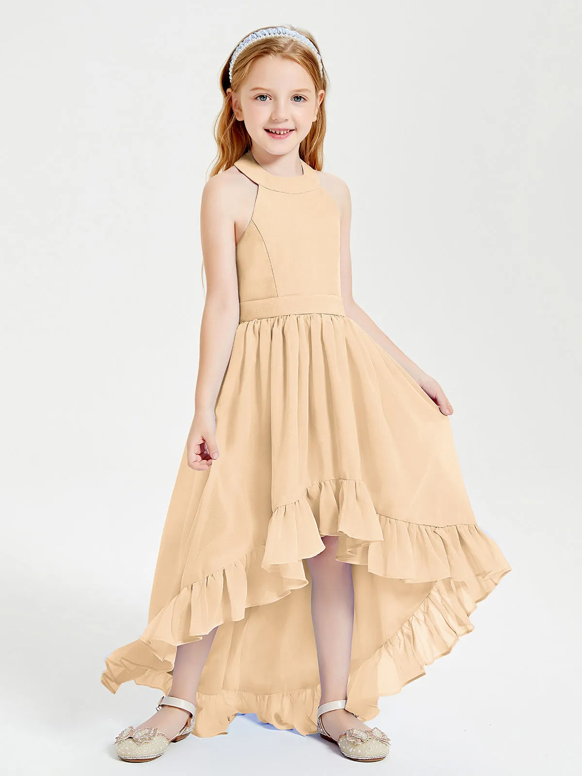 Boho Junior Bridesmaid Dresses Asymmetrical Cascading Skirt Peach