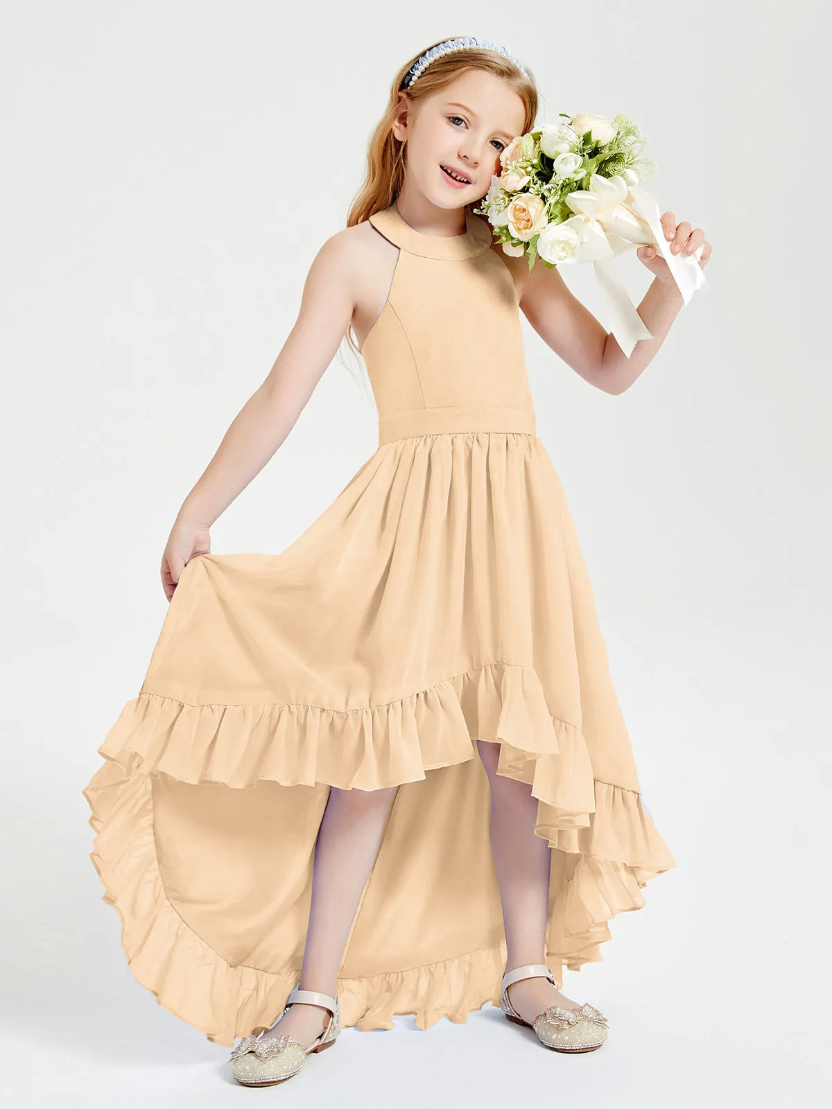 Boho Junior Bridesmaid Dresses Asymmetrical Cascading Skirt Peach