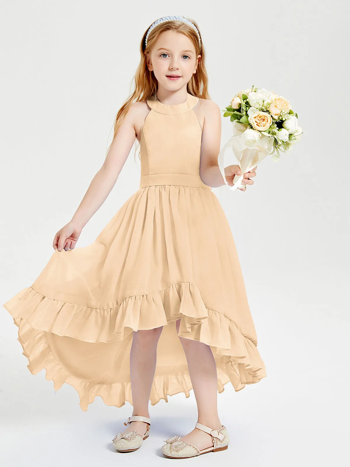 Boho Junior Bridesmaid Dresses Asymmetrical Cascading Skirt Peach