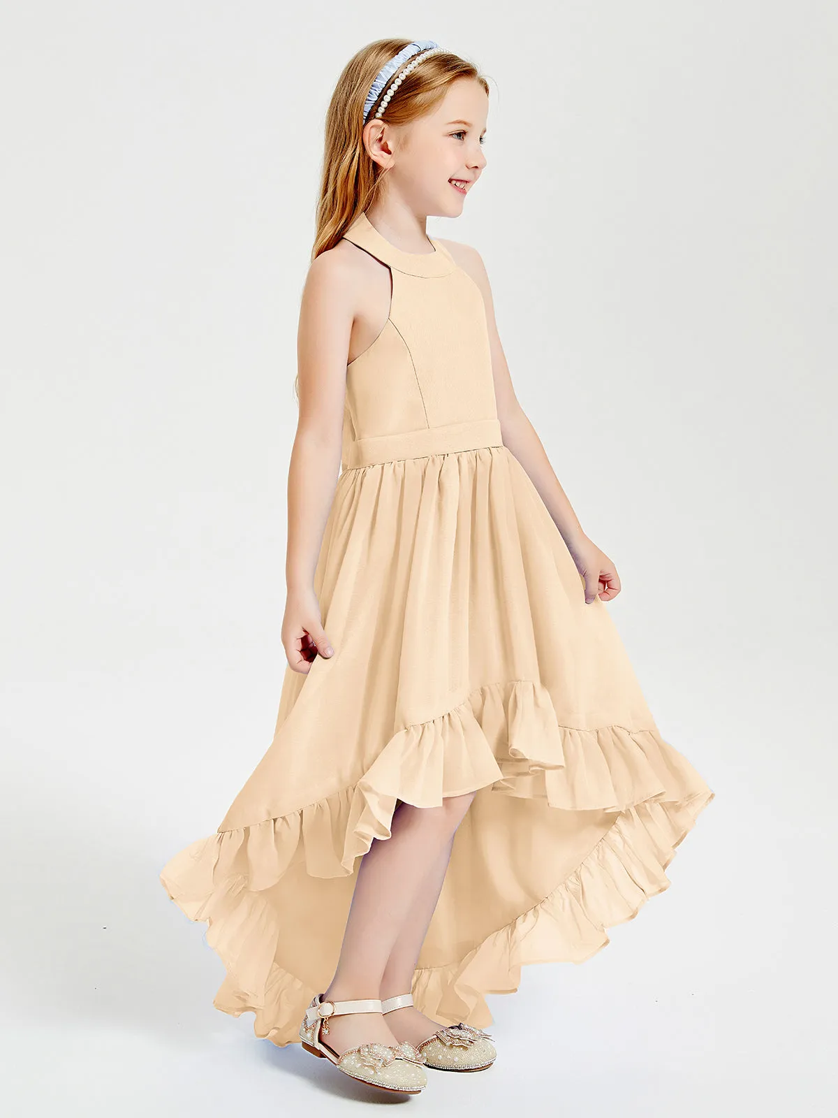 Boho Junior Bridesmaid Dresses Asymmetrical Cascading Skirt Peach