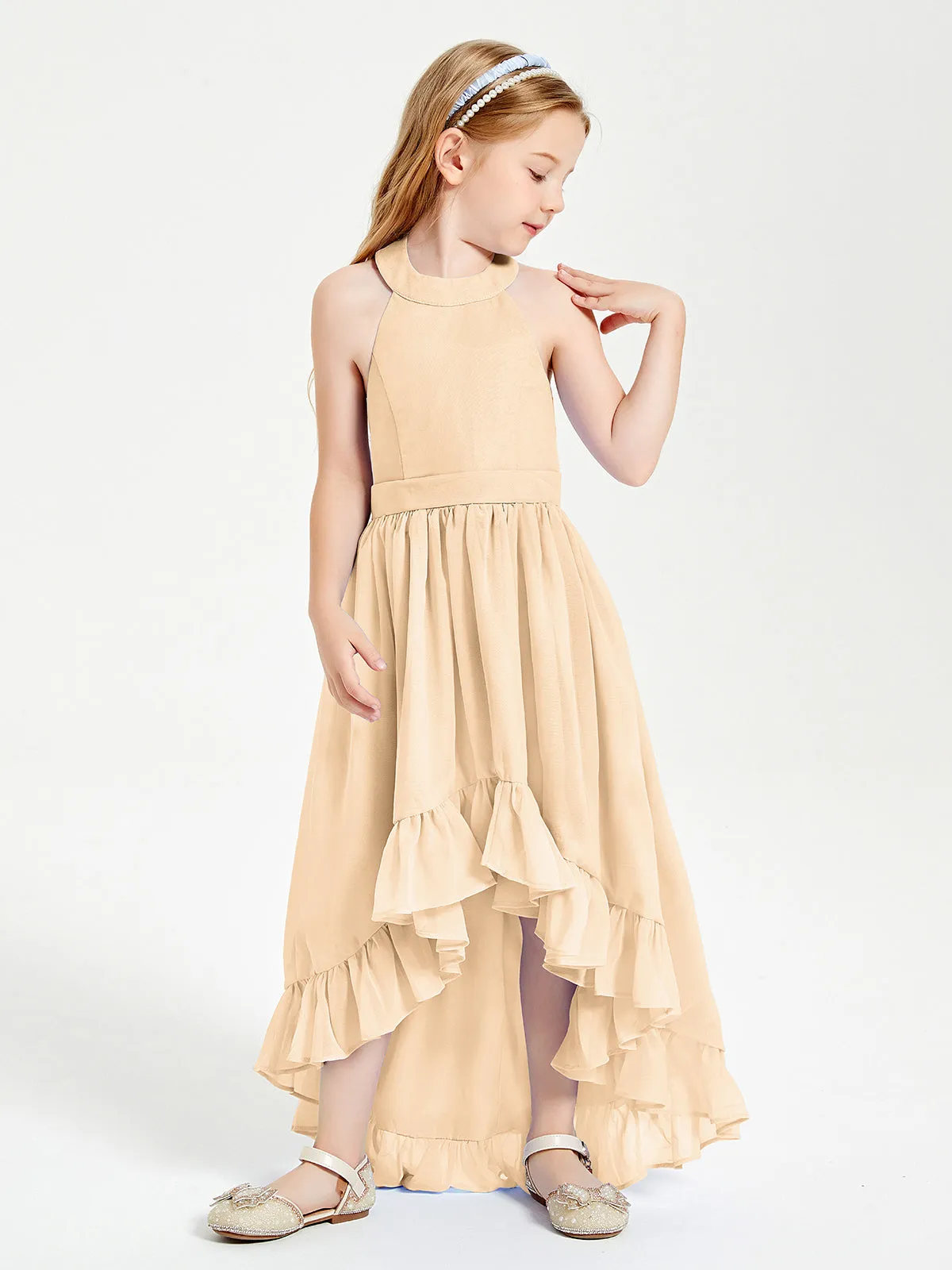 Boho Junior Bridesmaid Dresses Asymmetrical Cascading Skirt Peach