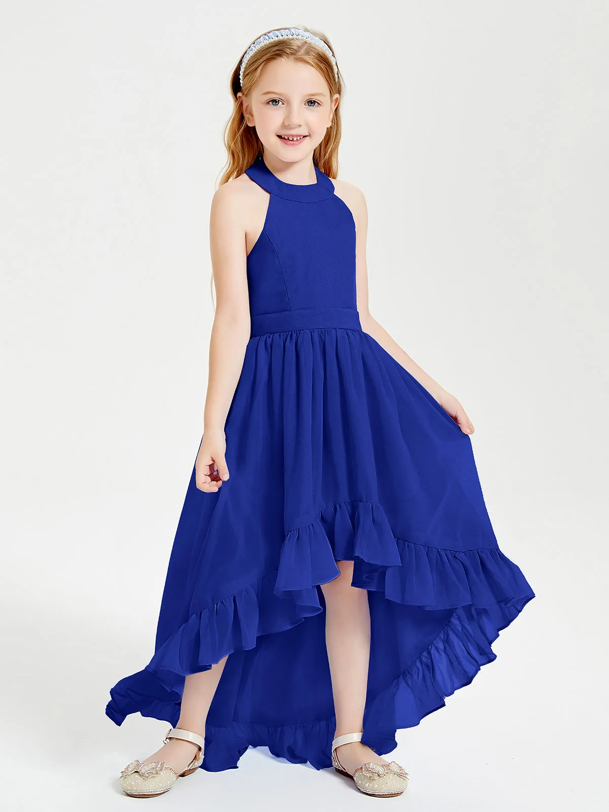 Boho Junior Bridesmaid Dresses Asymmetrical Cascading Skirt Royal Blue