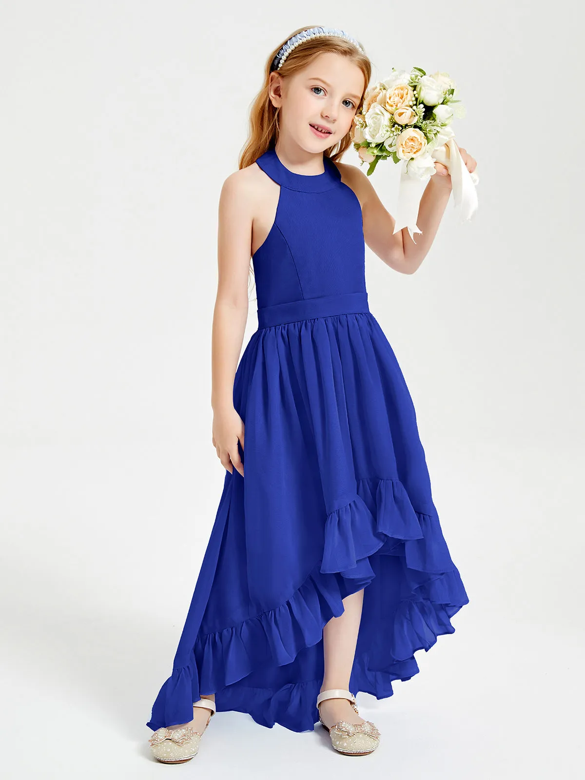 Boho Junior Bridesmaid Dresses Asymmetrical Cascading Skirt Royal Blue