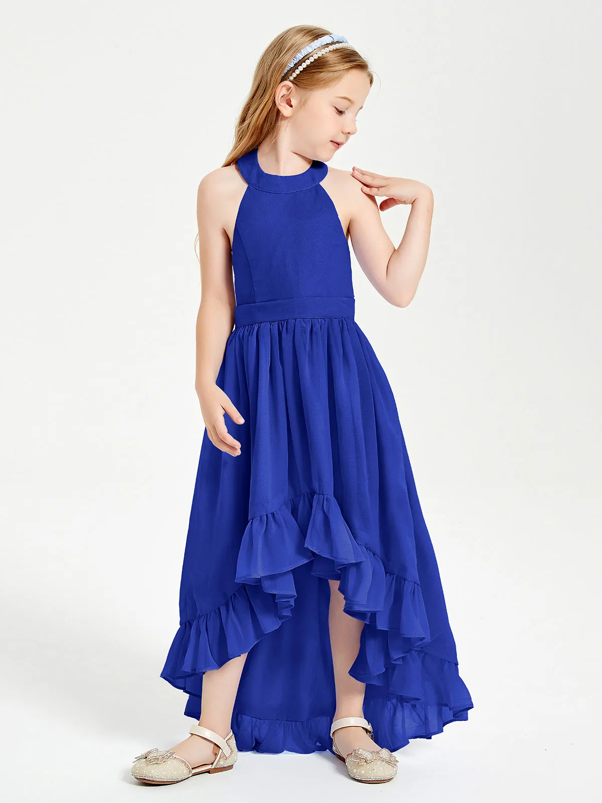 Boho Junior Bridesmaid Dresses Asymmetrical Cascading Skirt Royal Blue