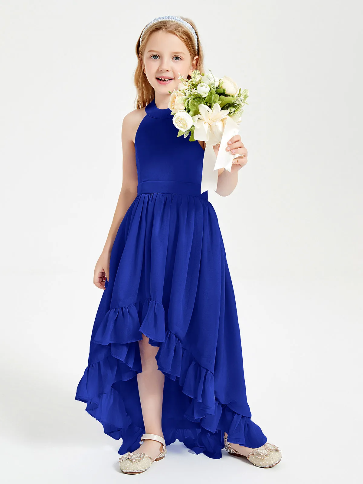 Boho Junior Bridesmaid Dresses Asymmetrical Cascading Skirt Royal Blue