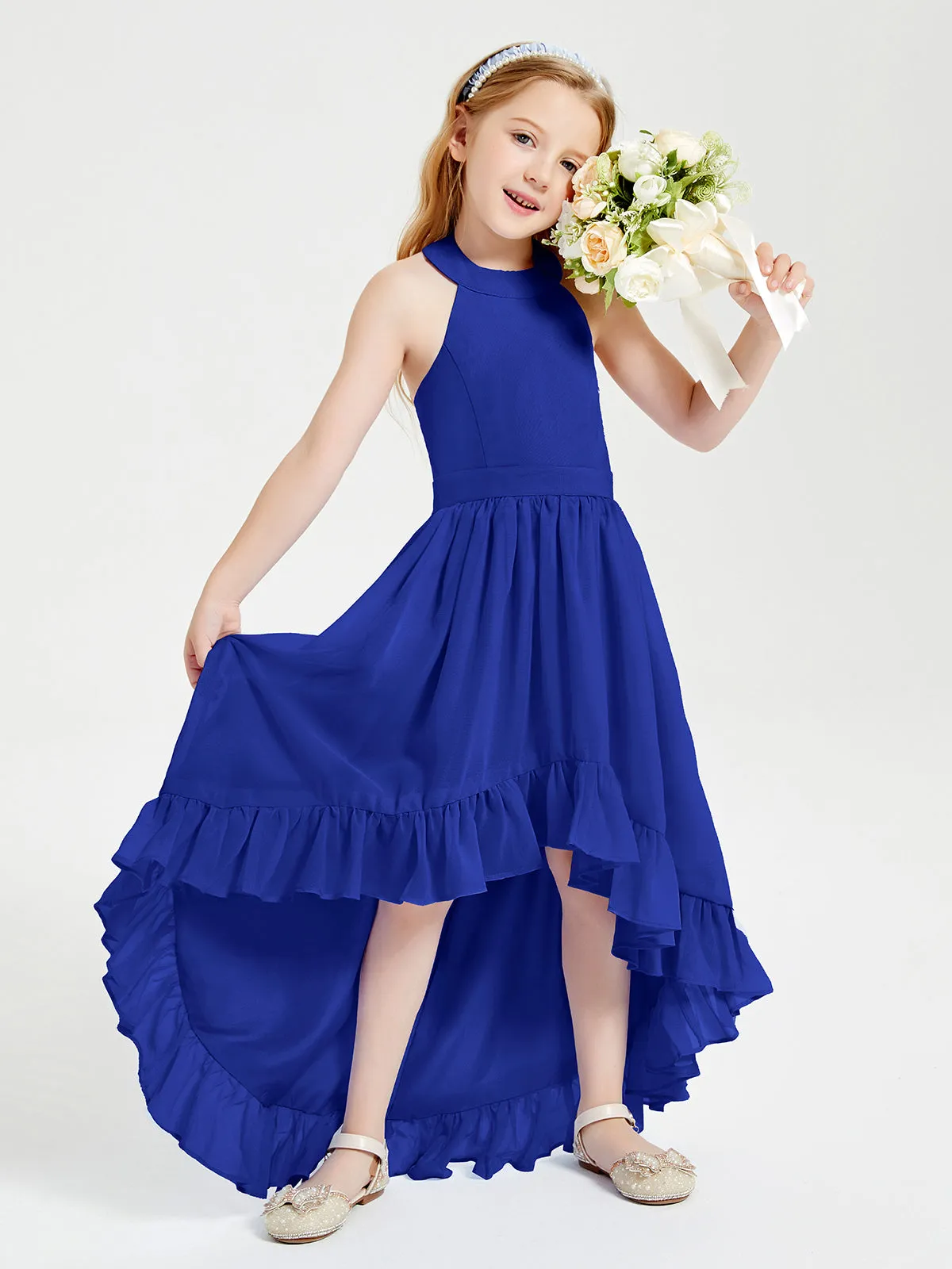 Boho Junior Bridesmaid Dresses Asymmetrical Cascading Skirt Royal Blue