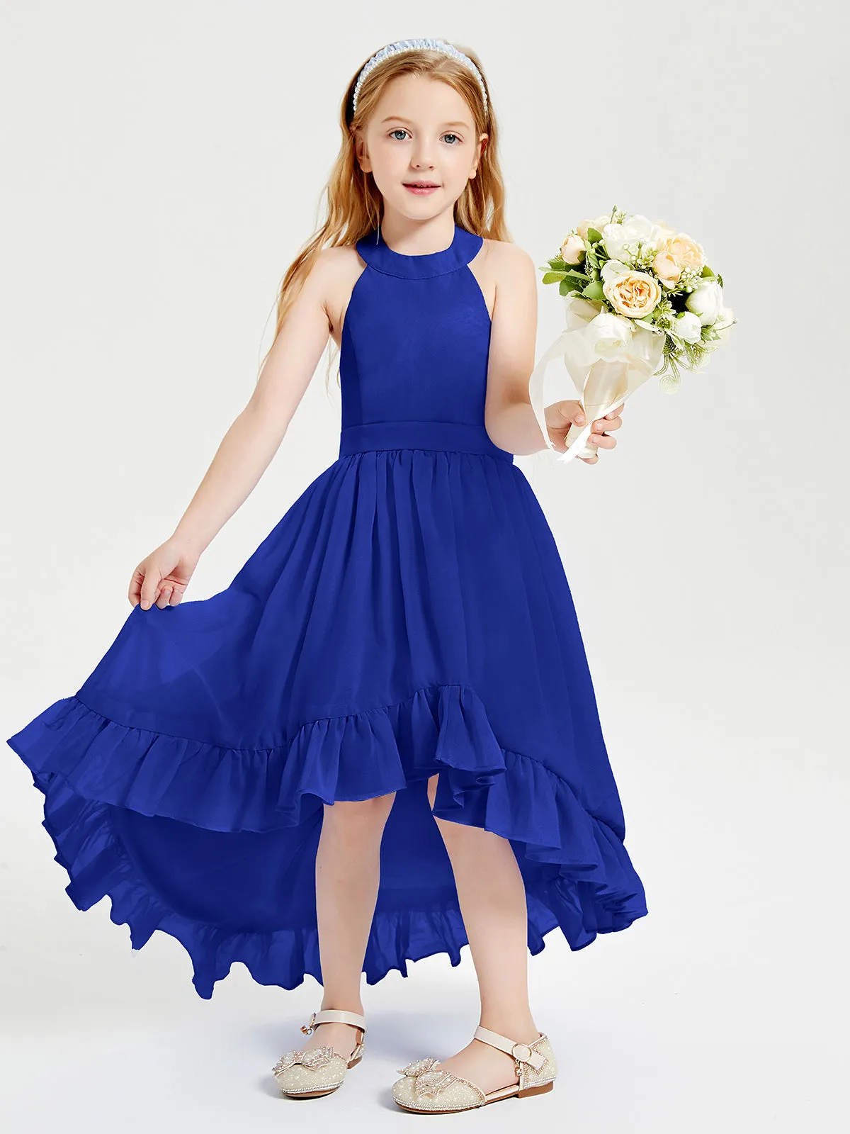 Boho Junior Bridesmaid Dresses Asymmetrical Cascading Skirt Royal Blue