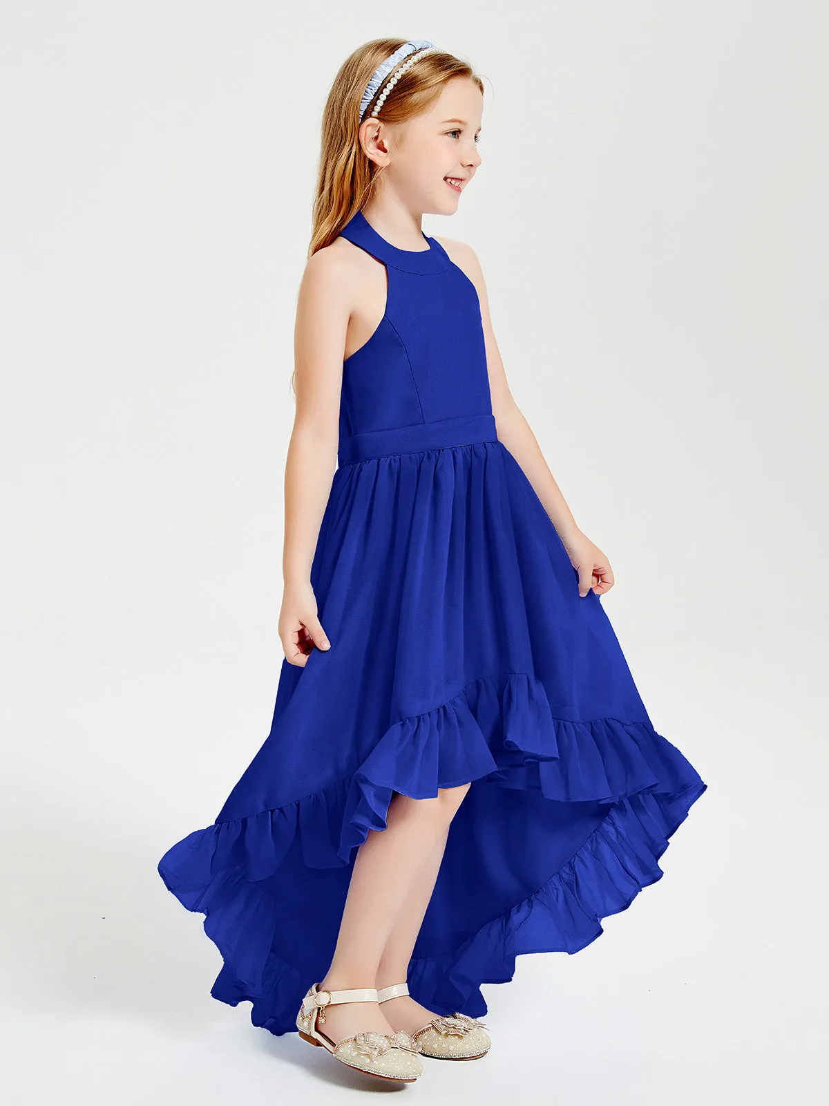 Boho Junior Bridesmaid Dresses Asymmetrical Cascading Skirt Royal Blue