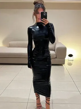 BOOFEENAA Faux Leather Bodycon Long Dresses for Women 2023 Fall Winter Sexy Clubwear Ladies Full Sleeve Black Dress C70-CI29