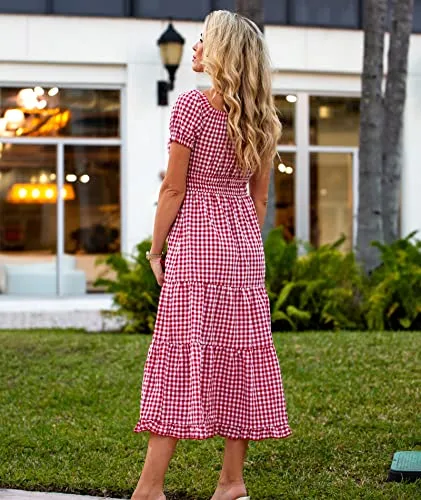 BTFBM Women Casual Short Sleeve Plaid Maxi Dresses Off Shoulder Vintage Dress Square Neck Gingham Beach Long Summer Dress (Medium, Plaid Red)