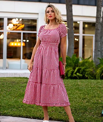 BTFBM Women Casual Short Sleeve Plaid Maxi Dresses Off Shoulder Vintage Dress Square Neck Gingham Beach Long Summer Dress (Medium, Plaid Red)