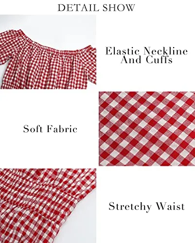 BTFBM Women Casual Short Sleeve Plaid Maxi Dresses Off Shoulder Vintage Dress Square Neck Gingham Beach Long Summer Dress (Medium, Plaid Red)