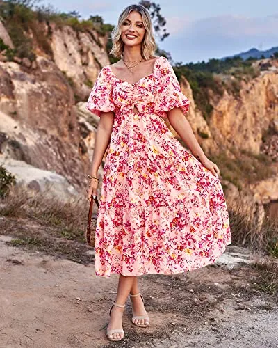 BTFBM Women Summer Dresses 2023 Casual Flowy Beach Square Neck Puff Short Sleeve Smocked Back Boho Floral Long Maxi Dress