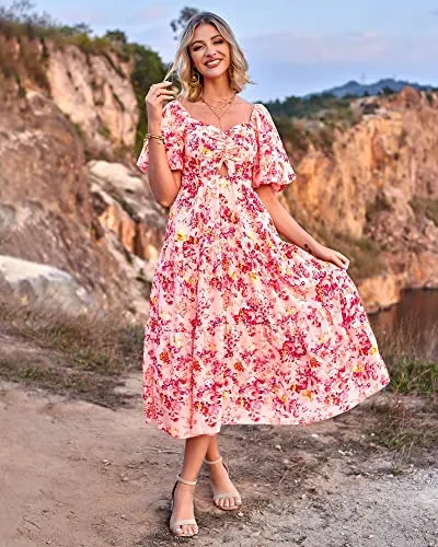 BTFBM Women Summer Dresses 2023 Casual Flowy Beach Square Neck Puff Short Sleeve Smocked Back Boho Floral Long Maxi Dress