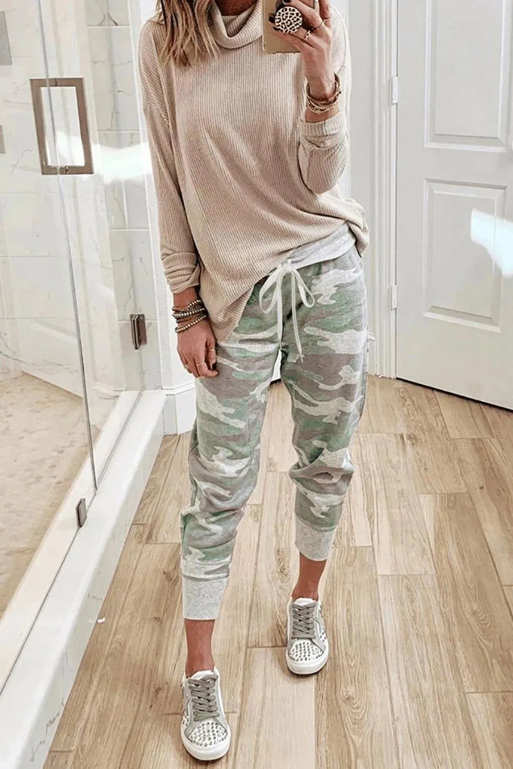 Camo Print Knit Sport Pants Green