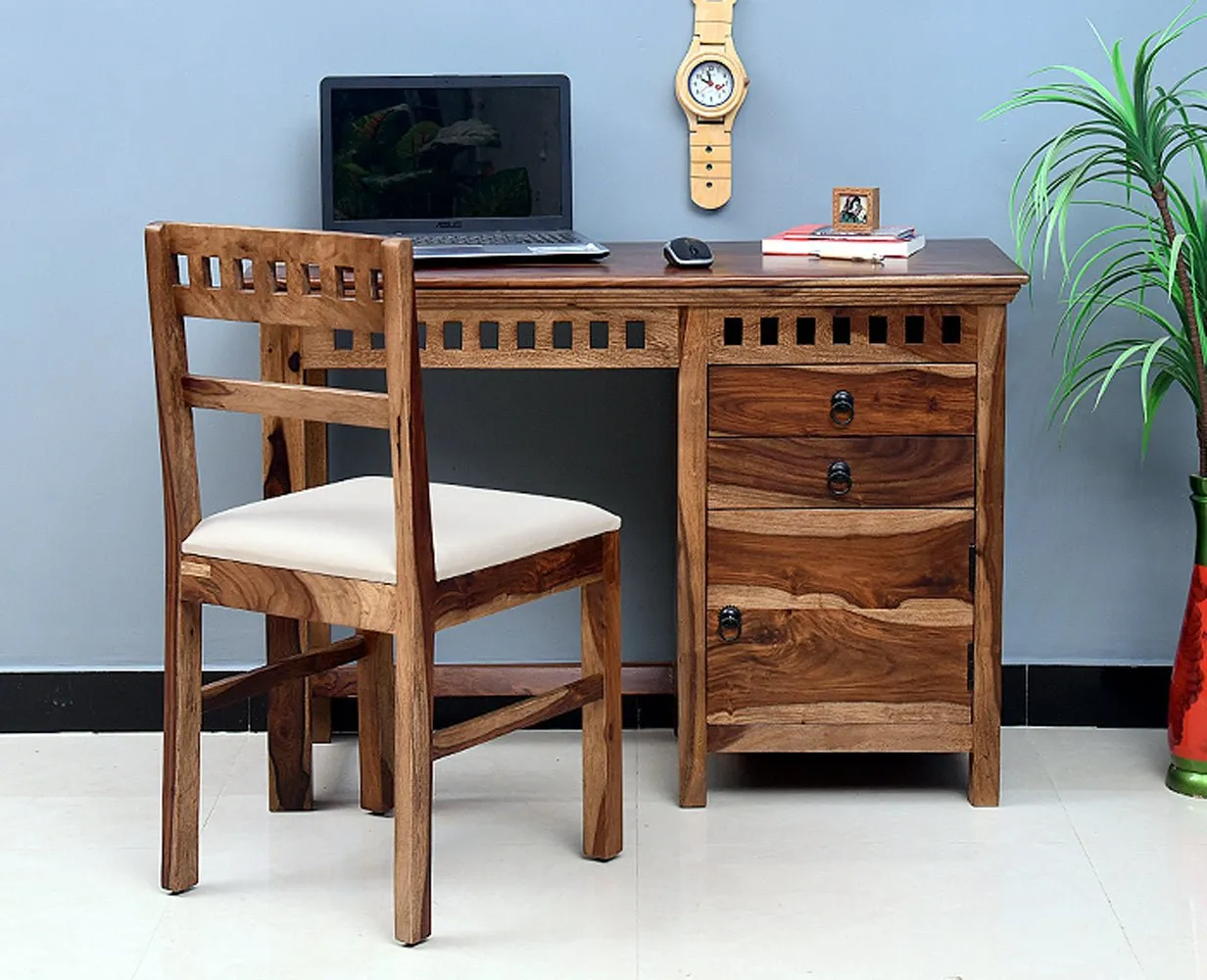 Cape Town Solid Wood Writing Study Table, Study Laptop Desk with Two Drawers & One Door including Chair