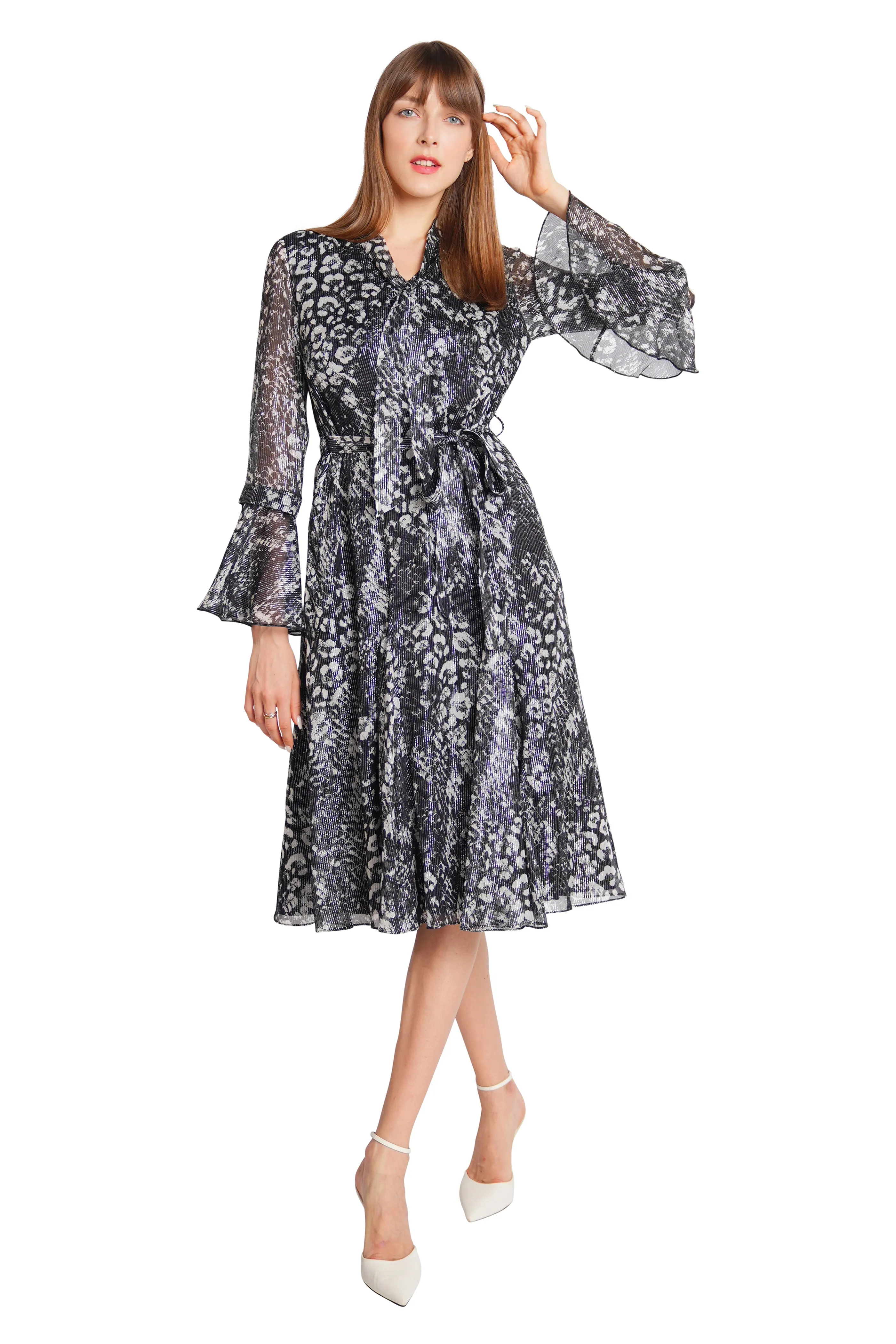 Cassia Lurex Silk Chiffon Dress in Black and Silver