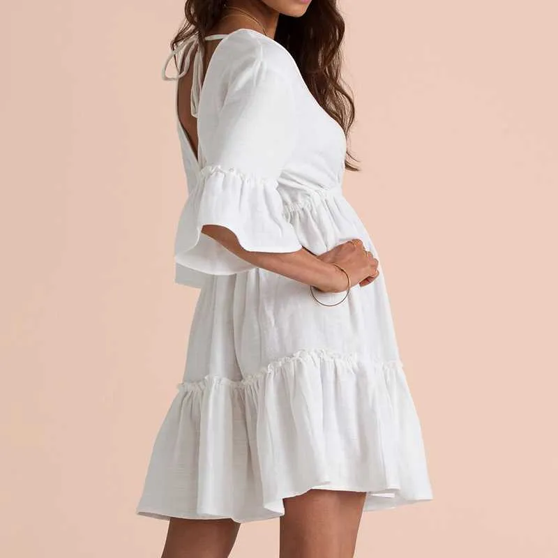 Casual Ruffle Trimmed Long Puff Sleeve V Cut Out Back V Neck Dress