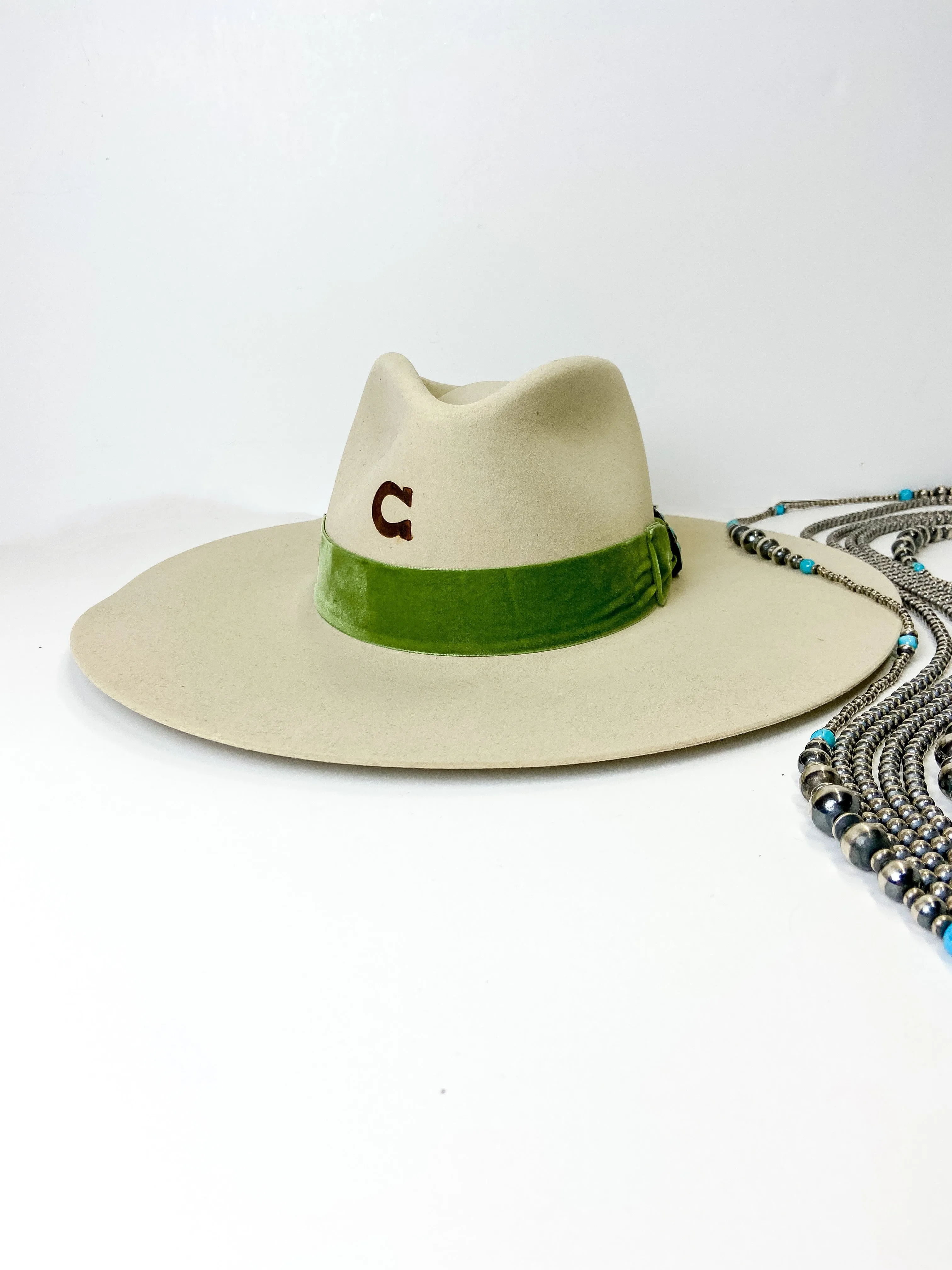 Charlie 1 Horse | Shiloh Wool Felt Hat with Green Velvet Band and Silver Concho in Ivory