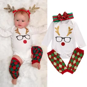 Christmas Baby Clothes Deer Long Sleeved Romper Leg Warmers Headband 3pcs XMAS Outfits Clothing Set Costume