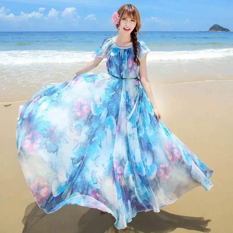 Colorful Floral Printed Chiffon Maxi Dress Free and Loose Beach Wedding Long Flowy Dress with Sleeves