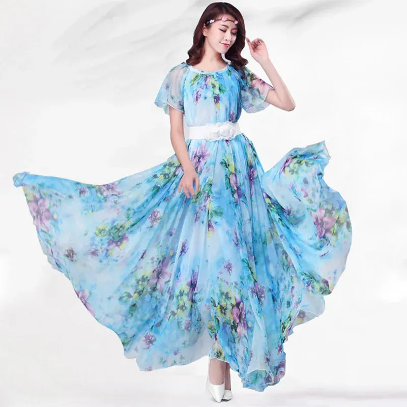 Colorful Floral Printed Chiffon Maxi Dress Free and Loose Beach Wedding Long Flowy Dress with Sleeves