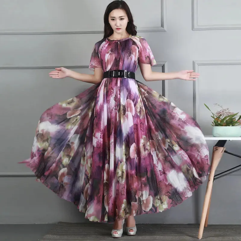 Colorful Floral Printed Chiffon Maxi Dress Free and Loose Beach Wedding Long Flowy Dress with Sleeves