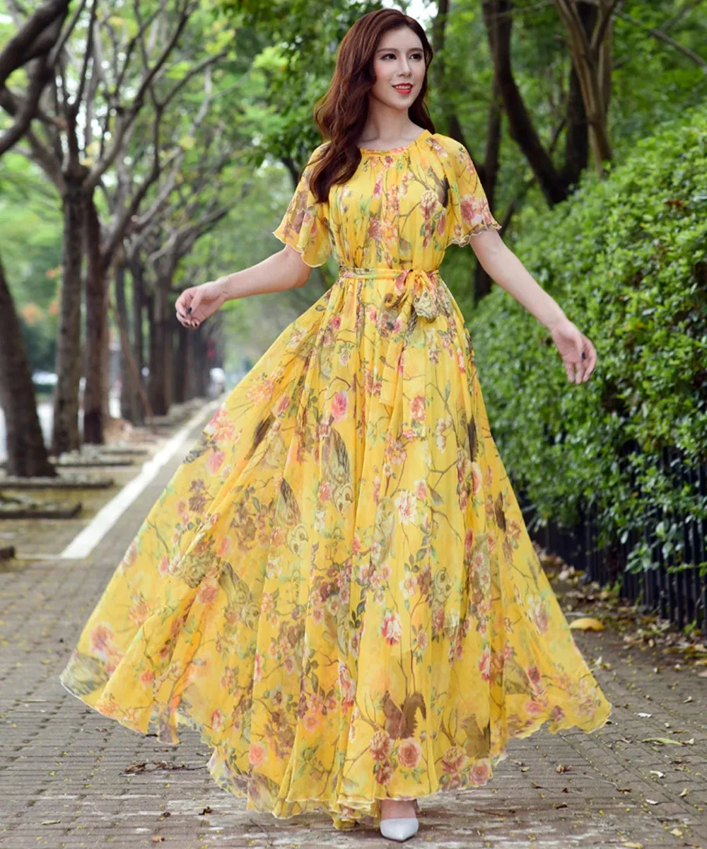 Colorful Floral Printed Chiffon Maxi Dress Free and Loose Beach Wedding Long Flowy Dress with Sleeves