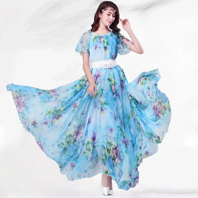 Colorful Floral Printed Chiffon Maxi Dress Free and Loose Beach Wedding Long Flowy Dress with Sleeves