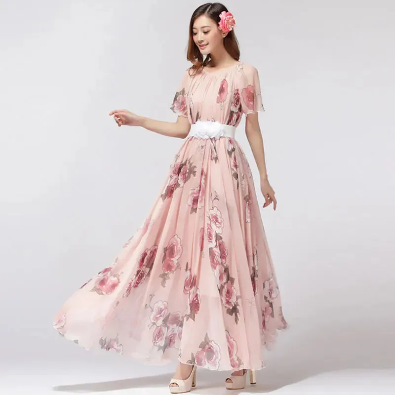 Colorful Floral Printed Chiffon Maxi Dress Free and Loose Beach Wedding Long Flowy Dress with Sleeves