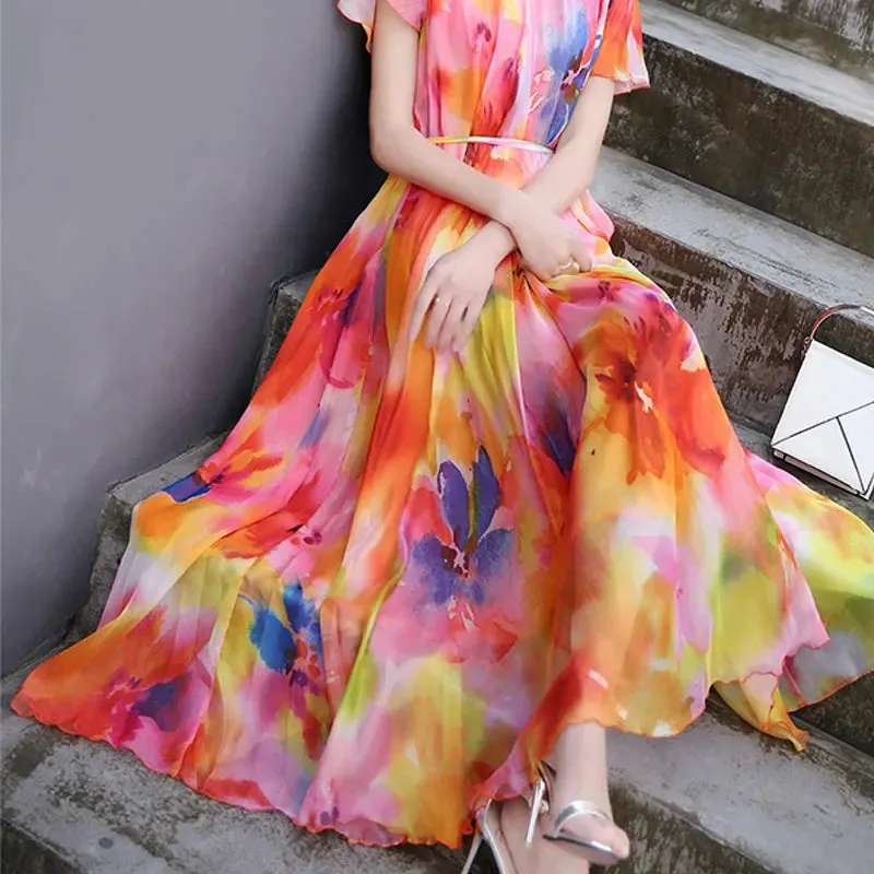 Colorful Floral Printed Chiffon Maxi Dress Free and Loose Beach Wedding Long Flowy Dress with Sleeves